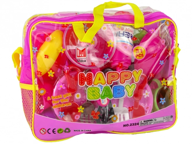 Rosa Geschirrset in Tasche, 31 Teile