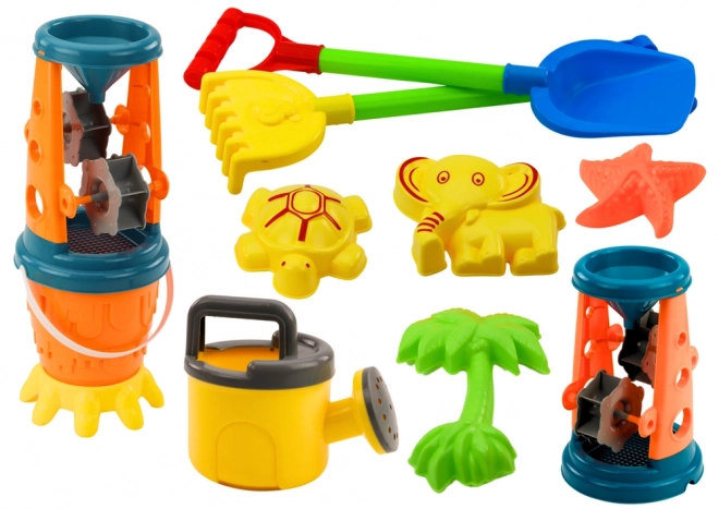 Farbenfrohes Sandspielzeug-Set mit Mühle und Förmchen