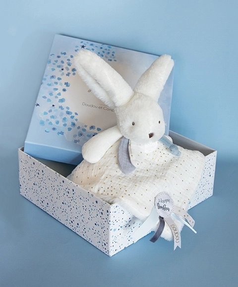 Doudou Geschenkset Blau - Hase mit Quadratdecke 25 cm