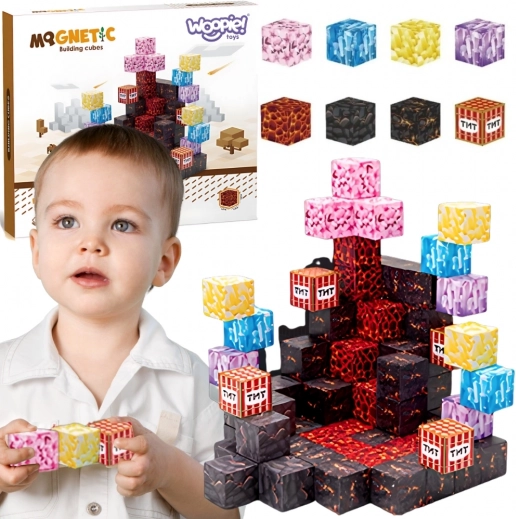 Woopie magnetische Bausteine – kubische Magnetwürfel inspiriert von der Welt von Minecraft, 74 Teile