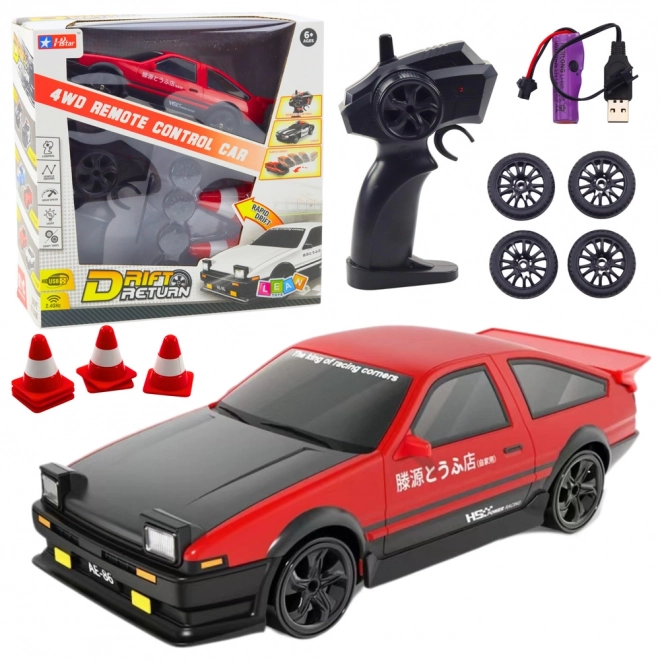 Rotes sportliches Drift-Auto mit austauschbaren Rädern und Fernsteuerung 4WD