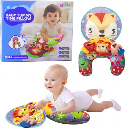 Stützendes Baby-Kissen mit Hängespielzeug und knisternder Fuchs-Spielmatte