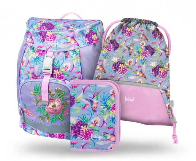 Baagl 3-teiliges Set Airy Kolibri: Rucksack, Federmäppchen, Beutel