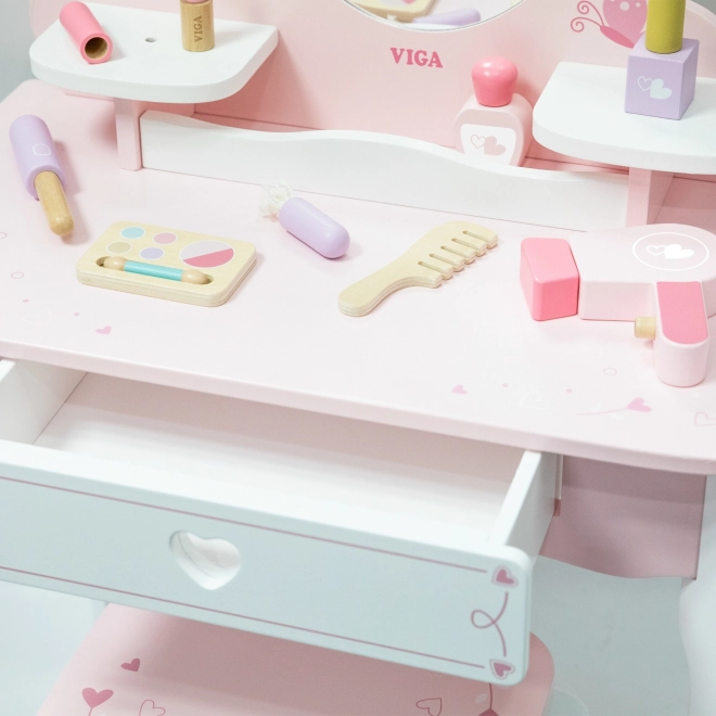 Viga großes Holz-Toilettenmöbel weiß-rosa mit Spiegel und Stuhl