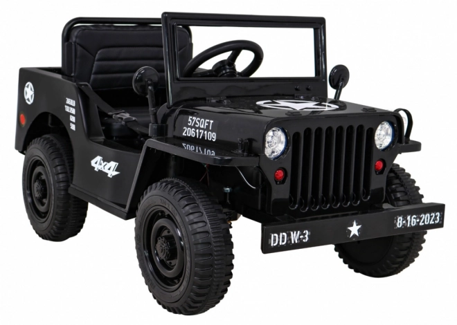 Retro Militärfahrzeug für Kinder schwarz + Allradantrieb 4x4 + Fernbedienung + 2 Gepäckträger + langsamer Start + MP3 LED