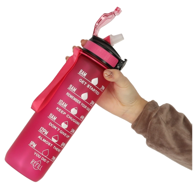 Rosa Wasserflasche mit Trinkhalm und Motivationsmarkierungen 1L