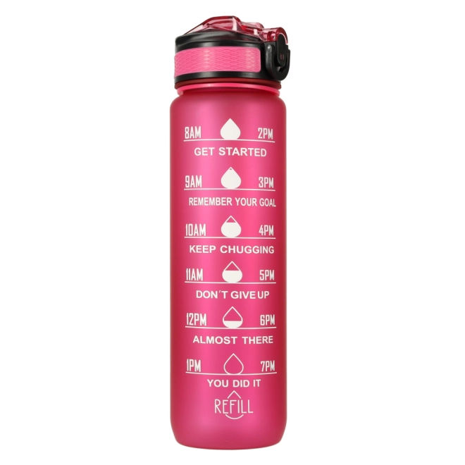 Rosa Wasserflasche mit Trinkhalm und Motivationsmarkierungen 1L