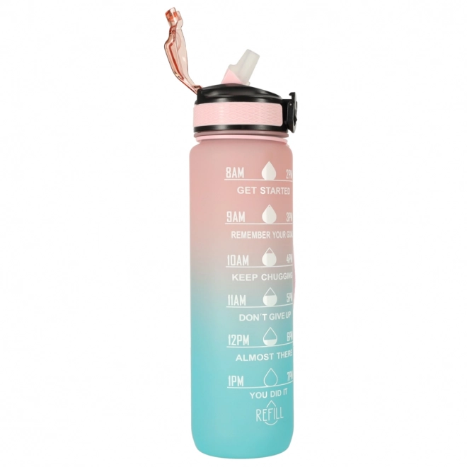 Rosa Wasserflasche mit Trinkhalm und Motivationsmarkierungen 1L