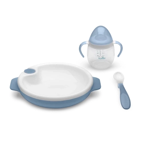 Set mit Wärmeteller, Silikonlöffel und Becher, Powder Blue