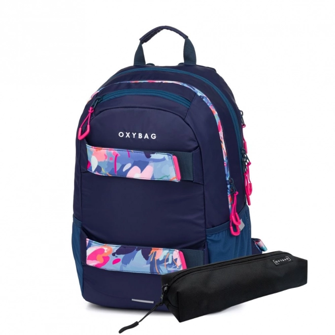 Schüler-Rucksack und Etui OXY Sport Flowers Blau