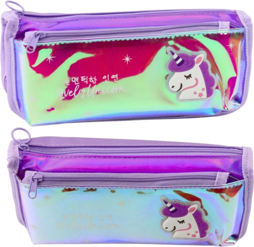 Lila holografisches Federmäppchen mit Einhorn