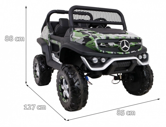 Mercedes Benz Unimog für Kinder Farbe Moro + 4x4 + Fernsteuerung + Gepäckträger + kostenloses Starten + Radio MP3 + LED-Diode