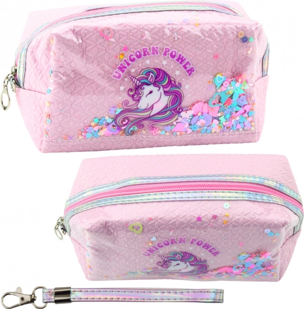 Märchenhaftes rosa Federmäppchen mit Einhorn und Konfetti