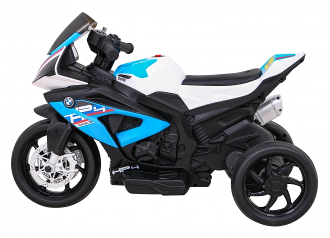BMW HP4 Kinder Motorrad mit Batterie Blau + 3 Räder + LED + MP3 USB + Öko-Leder