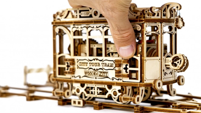 Holz Mechanisches 3D-Puzzle Stadtstraßenbahn mit Schienen