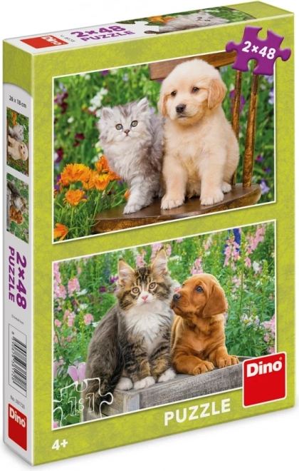 Dino Puzzle Hund und Katze im Garten - 2x48 Teile