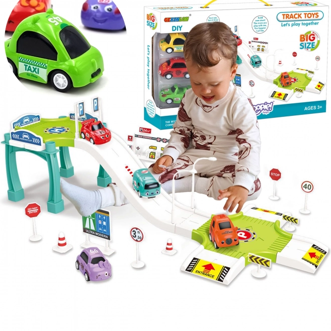 Woopie parkhaus mit tankstelle und spielzeugautos
