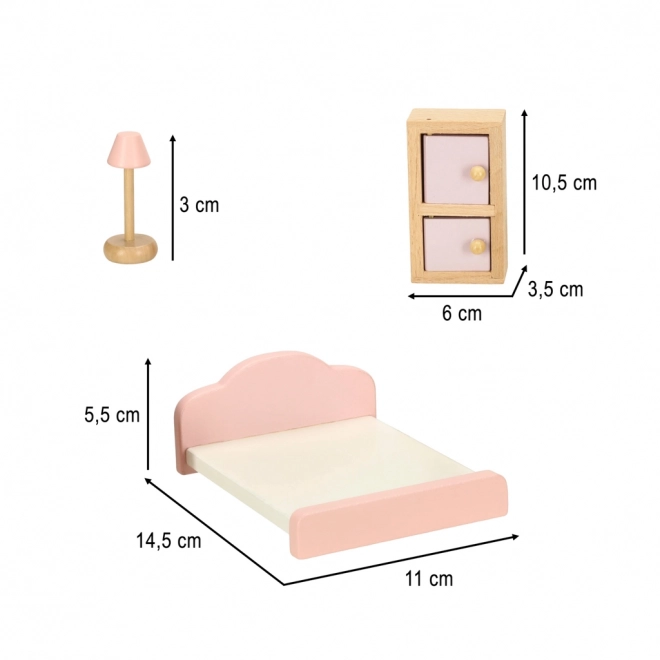 Puppenhausmöbelset für Wohnzimmer, Schlafzimmer, Badezimmer und Küche, aus Holz, rosa