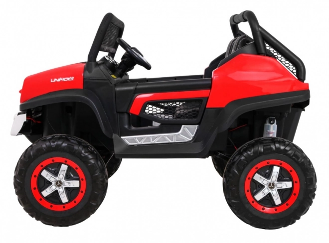 Mercedes Benz Unimog für Kinder Rot + 4x4 + Fernbedienung + Gepäckträger + sanfter Start + MP3 LED