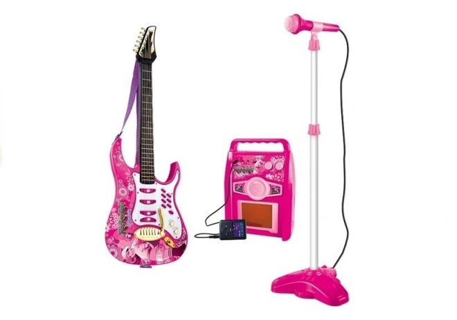 Pinkfarbene elektrische Gitarre mit Mikrofon und Verstärker für Kinder