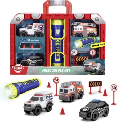 SOS Mikro-Set mit Taschenlampe – Mini Feuerwehr, Polizei und Ambulanz