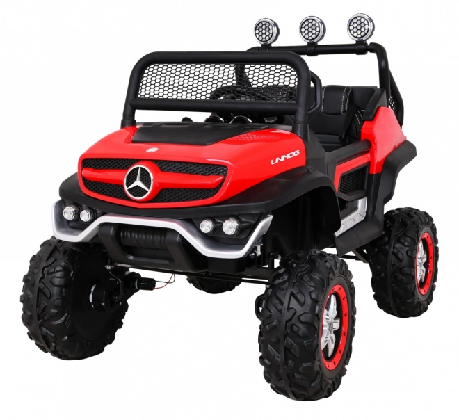 Mercedes Benz Unimog für Kinder Rot + 4x4 + Fernbedienung + Gepäckträger + langsamer Start + MP3 LED