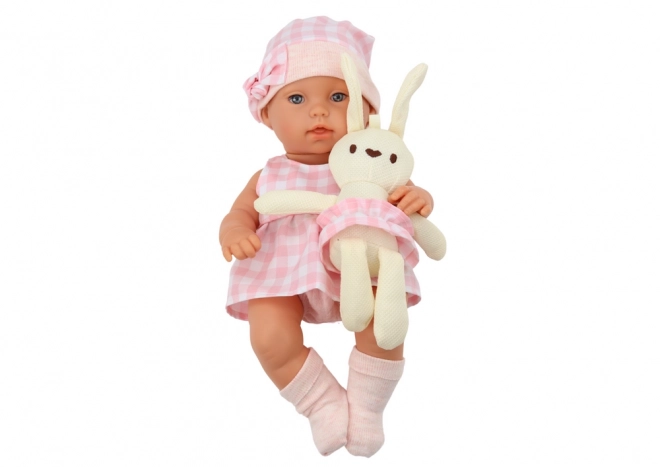 Baby Puppe mit Trage und Häschen in rosa kariertem Outfit