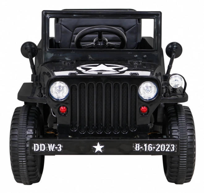 Retro Militärfahrzeug für Kinder schwarz + Allradantrieb 4x4 + Fernbedienung + 2 Gepäckträger + langsamer Start + MP3 LED