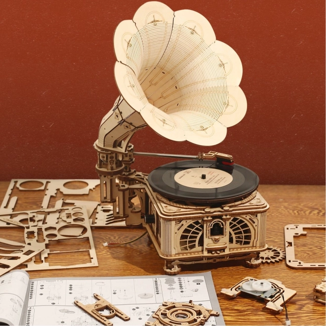 Mechanisches 3D-Holzpuzzle Grammophon mit elektrischem Antrieb von RoboTime