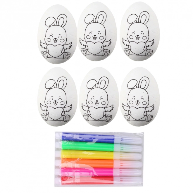 Styropor Ostereier zum Bemalen mit Motiv Hase und Filzstiften, 6er-Set