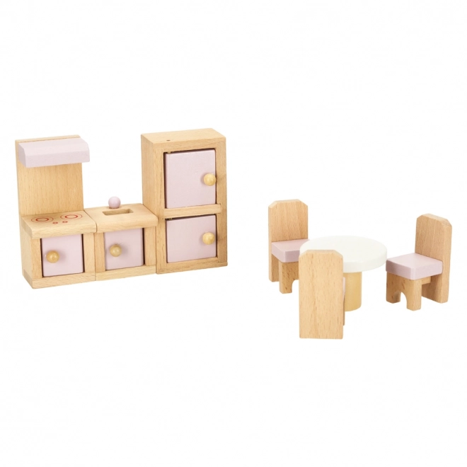 Puppenhausmöbelset für Wohnzimmer, Schlafzimmer, Badezimmer und Küche, aus Holz, rosa