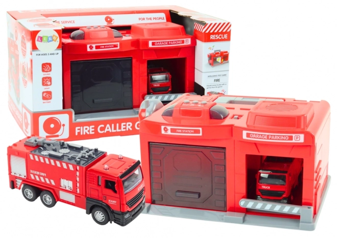 Feuerwache mit Feuerwehrauto und Walkie-Talkie