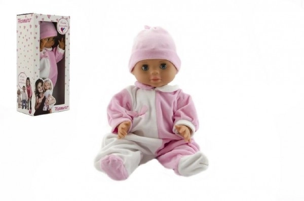 Süßes Hamiro-Baby mit festem Körper, weiß-rosa Overall und rosa Mütze