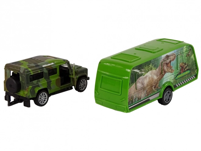 Spielzeugauto Jeep mit Anhänger und Dinosauriern