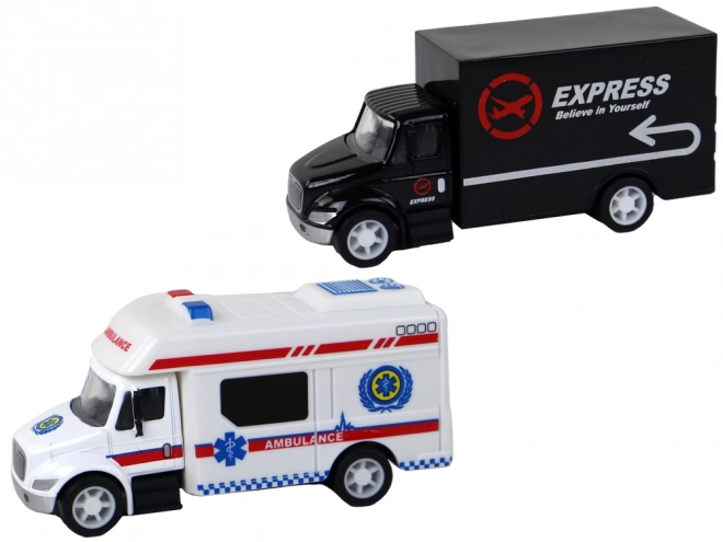 Set aus Wohnmobil, Lkw, Rettungswagen und Eisdiele mit Friktionsantrieb 1:87