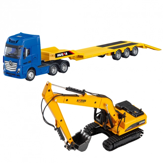Modell eines LKWs mit Anhänger und Bagger 1:50 Huina