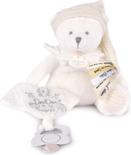 Doudou Geschenkset Plüschbär mit Schnullerhalter und Decke