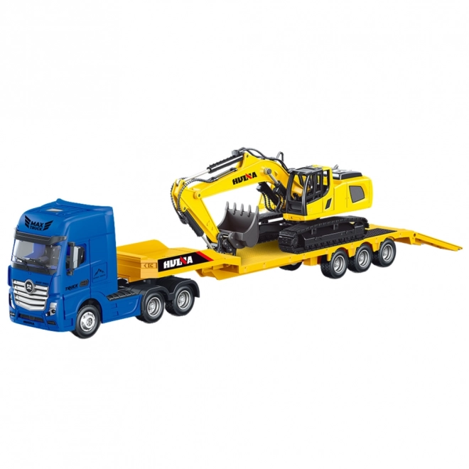 Modell eines LKWs mit Anhänger und Bagger 1:50 Huina