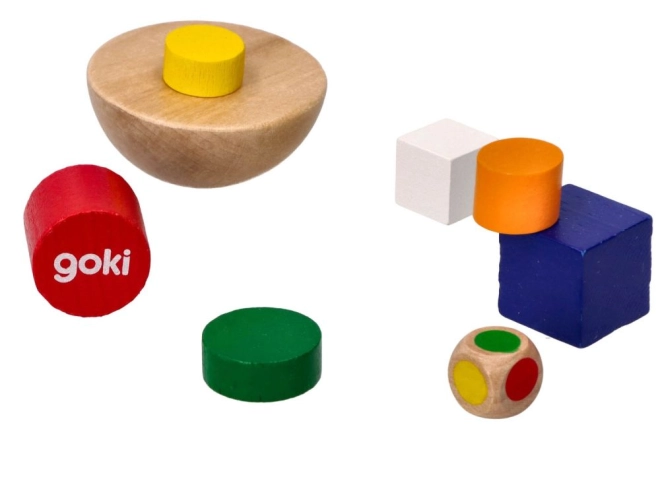 Bunte Holzteile und Würfel