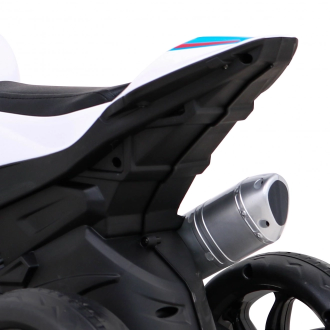 BMW HP4 Kinder Motorrad mit Batterie Blau + 3 Räder + LED + MP3 USB + Öko-Leder
