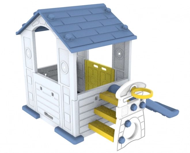 Gartenhaus 3-in-1 für Kinder mit blauem Dach, Rutsche und Basketballkorb