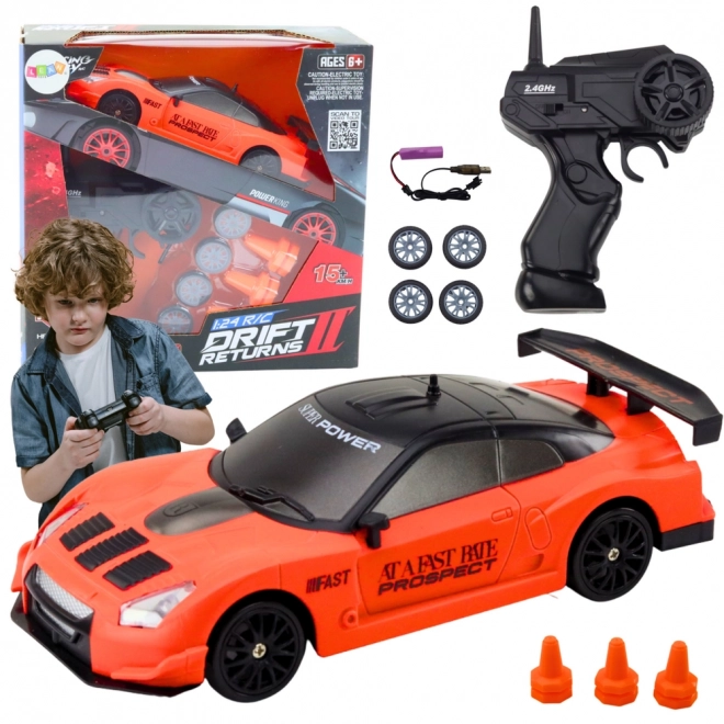 Ferngesteuertes Sportauto mit Wechselrädern in Orange