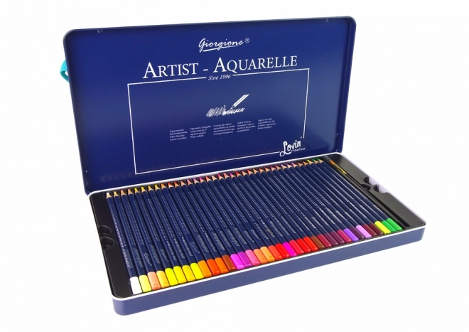 Set mit 36 Aquarellstiften im Metallbehälter