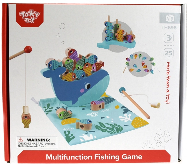 Tooky Toy Holzspiel Wal und Fische Multifunktional 4 in 1