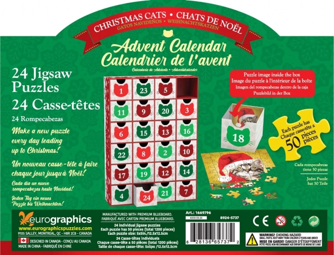 Adventskalender mit Eurographics-Puzzle 24 x 50 Teile – Weihnachten Katzen