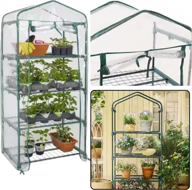 Mini Gewächshaus Balkon Garten 4 Regale, Metall, PVC-Folie 69 x 49 x 157 cm