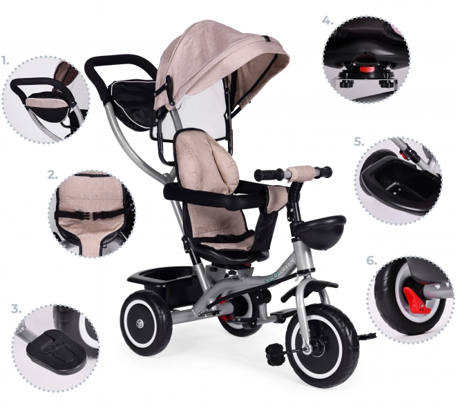2-in-1 Dreirad-Kinderwagen mit drehbarem Sitz und faltbarem Verdeck in Beige