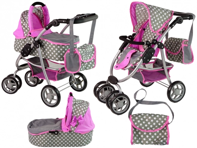 Puppenwagen 2 in 1 mit Tragetasche Rosa Sterne