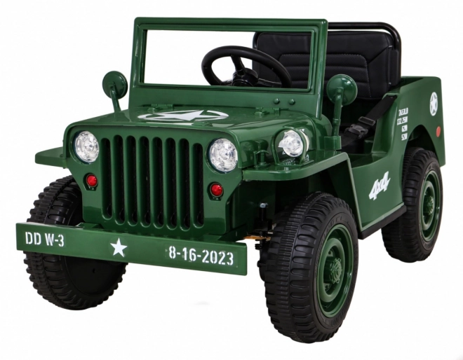 Retro Militärfahrzeug für Kinder grün + Allradantrieb 4x4 + Fernsteuerung + 2 Gepäckträger + langsamer Start + MP3 LED