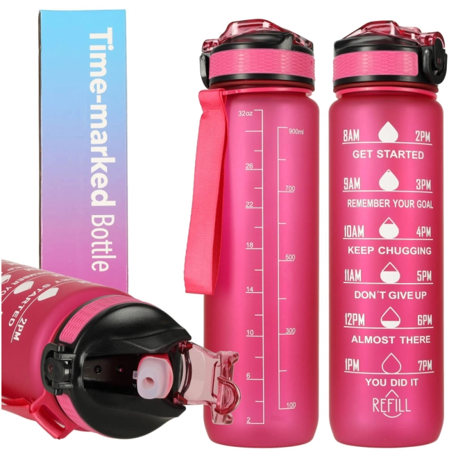 Rosa Wasserflasche mit Trinkhalm und Motivationsmarkierungen 1L